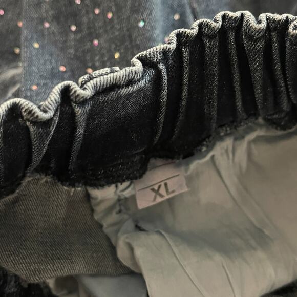 Girls Rhinestone Denim Shorts Sz XL Elastic Waist Drawstring Cuffed Sparkle Jean - Picture 2 of 7